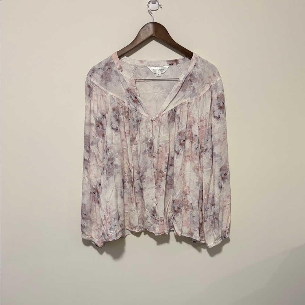 Addition Elle Sheer Floral Button-Front Blouse in Soft Pink and Lavender